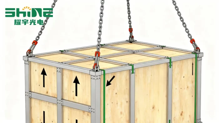 The diagram shows the steel frame wooden crate packaging with arrows marking the center of gravity and lifting points.