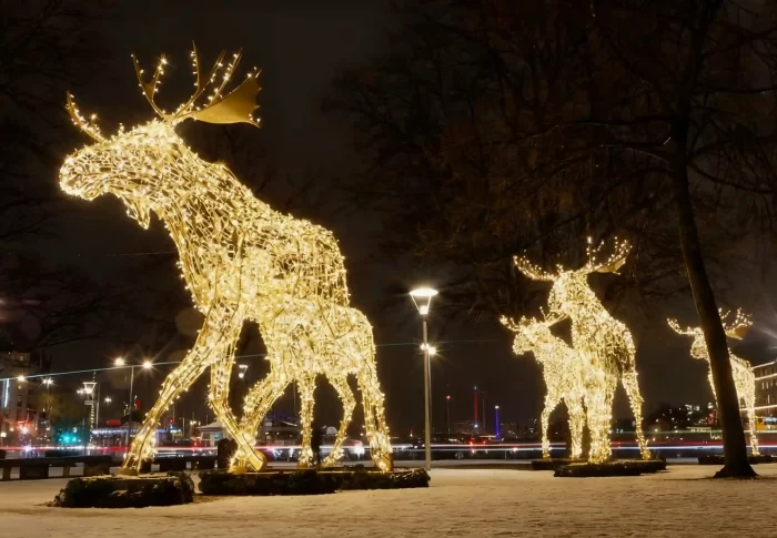 Large 3D LED motif moose light sculptures installed in a city park at night, showing a high quality outdoor holiday lighting display