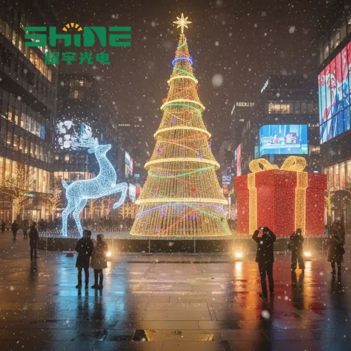 Brightly lit 3D motif lights showcasing a Christmas tree, reindeer, and gift box in a city square at night, surrounded by snow and people taking photos. The festive lights create a vibrant, holiday atmosphere.