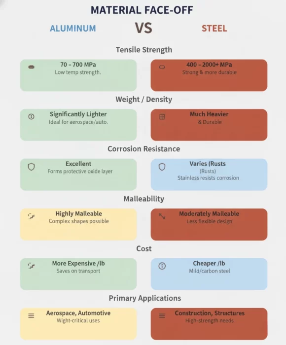 A detailed comparison chart highlighting the differences between aluminum and steel in terms of tensile strength, corrosion resistance, cost, and primary applications.