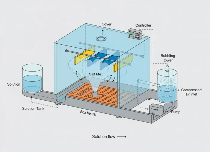 A diagram of a salt spray test chamber used to simulate harsh environmental conditions for testing material corrosion resistance, such as for steel and aluminum.