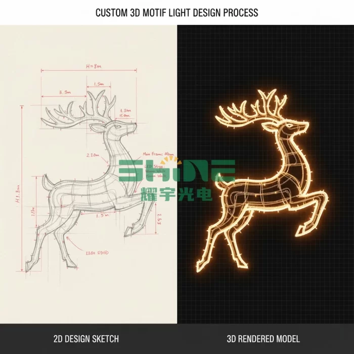 The custom 3D motif light design process, showing the evolution from a 2D sketch to a 3D render.