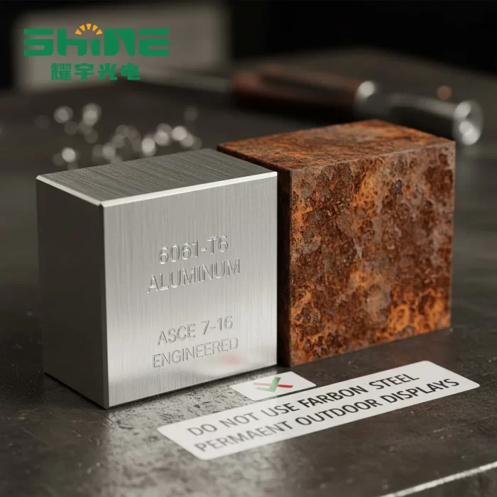 Comparison image of 6061-T6 aluminum and rusted carbon steel.