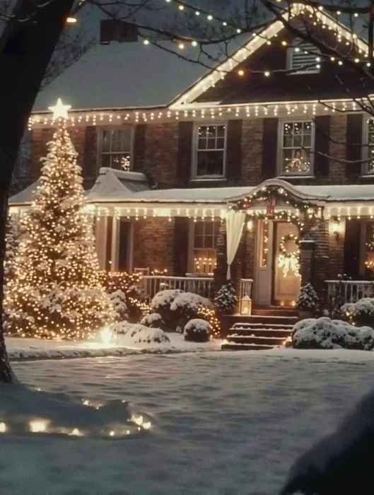 Brick house with snow-covered roof and yard softly lit by warm white Christmas string lights and a glowing front yard tree