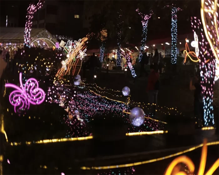 Large outdoor LED light sculpture in a city park at night