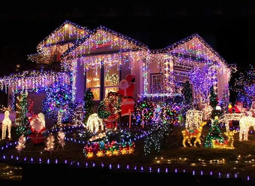 Front yard and house covered in colorful motif Christmas lights, including reindeer, Santa figures, and trees, creating an over-the-top holiday display at night.