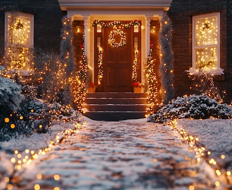 Warm white motif Christmas lights outlining a snowy front entry, wreath, columns, and garden path for an inviting holiday welcome.