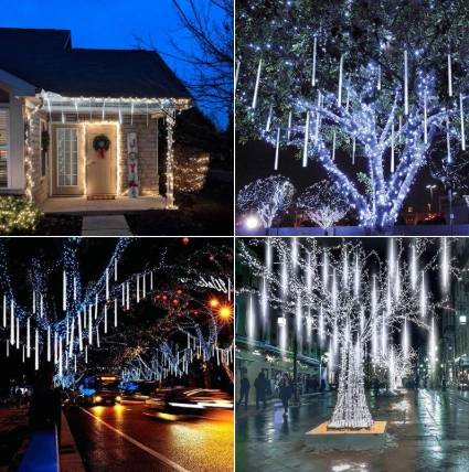 China meteor xmas lights creating a meteor shower effect on a house roofline, trees, and street installations at night