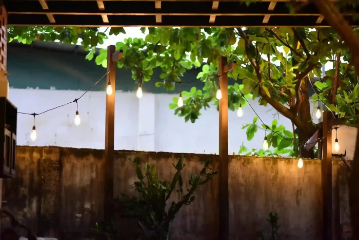 Patio pergola layout for outdoor Edison bulb string lights (pre-install plan)