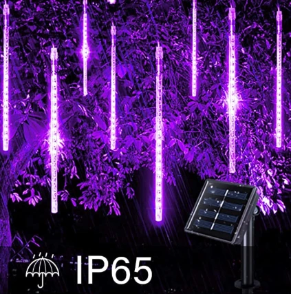 IP65 waterproof solar meteor xmas lights with LED tube raindrop effect and solar panel for outdoor holiday decoration