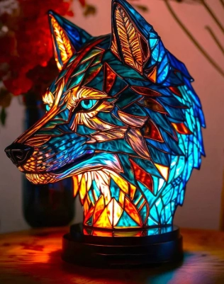 3D wolf-head lighting motif sculpture with colorful illuminated panels, designed as a premium photo-op display