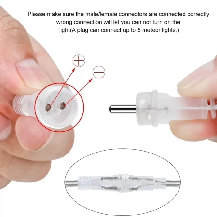 Meteor lights connector polarity guide showing male and female plug alignment to avoid reversed connection and no power