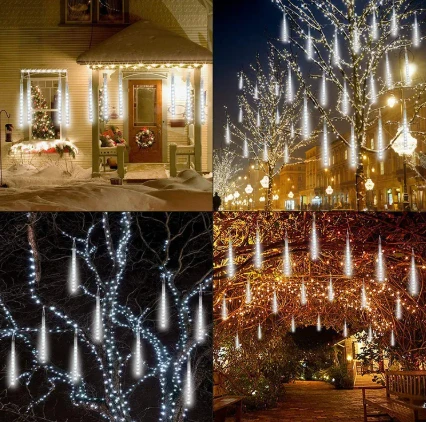 Meteor shower xmas lights examples on porch roofline, city trees, and outdoor walkways with cascading icicle tube lights