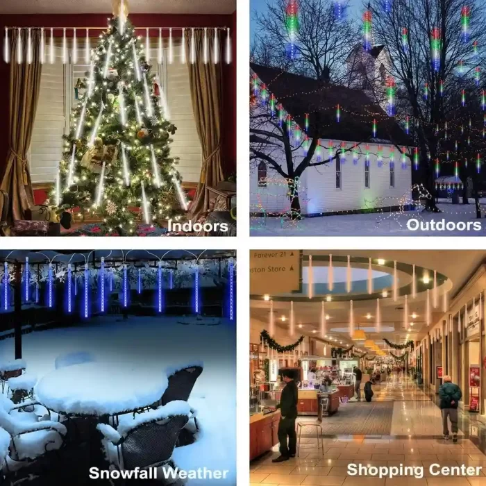 Meteor xmas lights used indoors, outdoors, in snowfall weather, and in shopping centers to create cascading falling rain effects