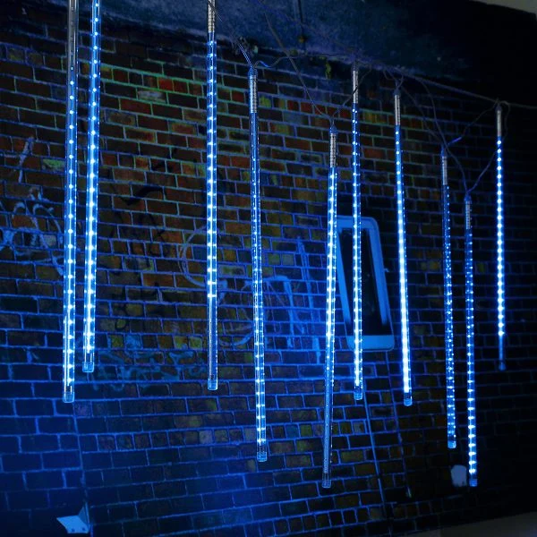 Blue SMD2835 LED meteor tube lights showing even brightness and sequential cascading effect on hanging PC tubes