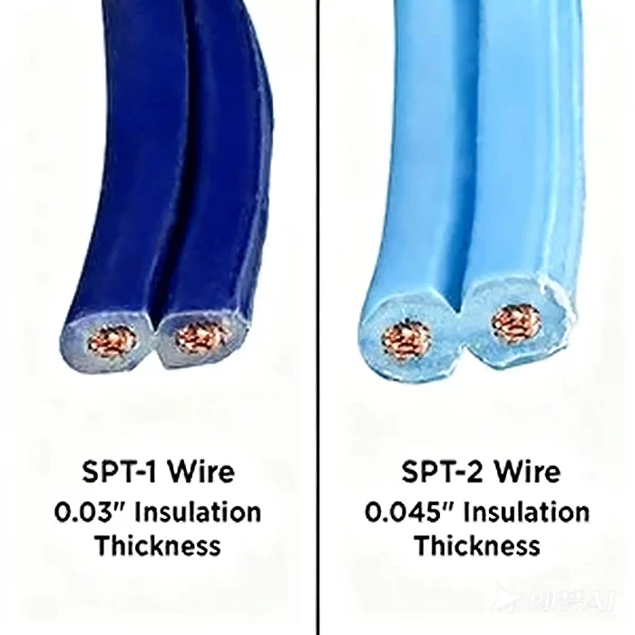 Side-by-side comparison of SPT-1 and SPT-2 two-conductor wire insulation thickness for Christmas light stringers.