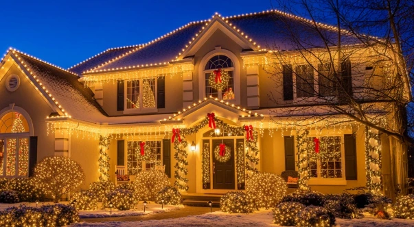 Two-story home decorated with warm white roofline lights, wreaths, bows, and lit shrubs in a winter setting.