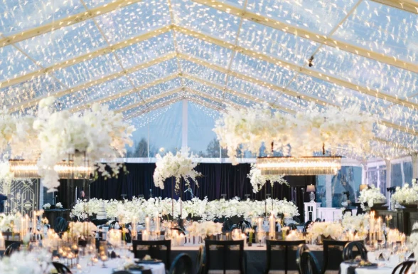 Wedding reception tent ceiling decorated with warm white lights and a sparkling ambience similar to LED firework lights