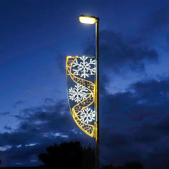 2D street pole banner light with snowflakes and ribbon, flat LED rope light motif design