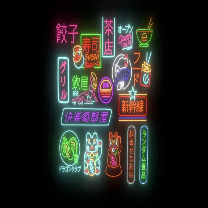 Colorful Japanese-style neon icons and typography on a dark background, inspiring retro motif systems for modern branding