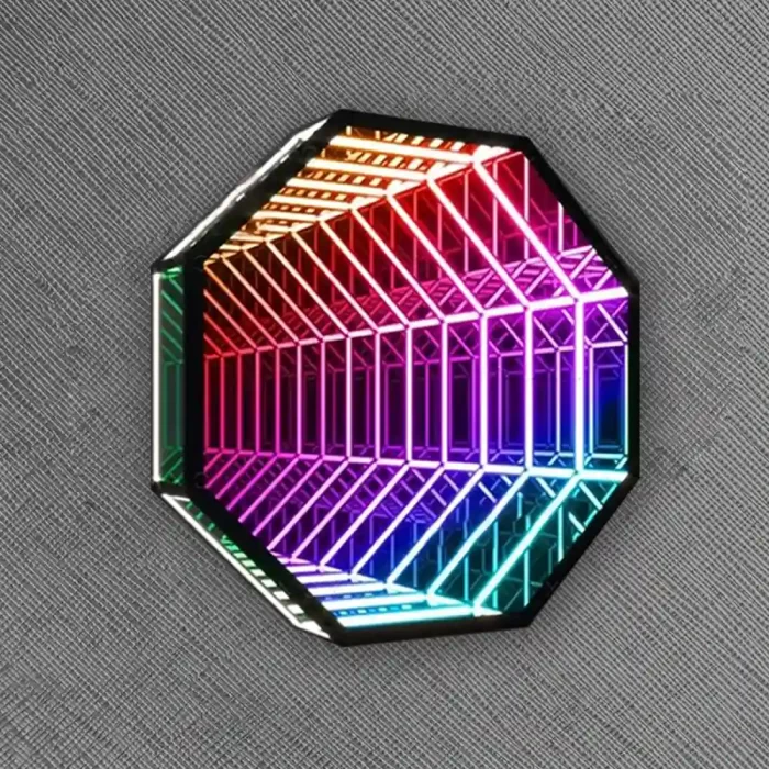 Octagonal geometric tunnel pattern with a multicolor neon gradient, showcasing a distinctive motif that boosts brand recognition