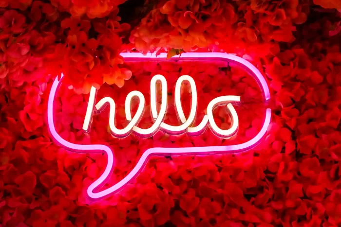 Neon speech bubble with the word “hello” surrounded by red flowers, a friendly light motif element for engaging digital touchpoints