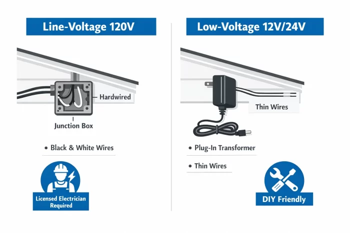 Side-by-side comparison of 120V hardwired under eave lighting and 12V or 24V low-voltage systems with a transformer, thin wires, and DIY-friendly installation.