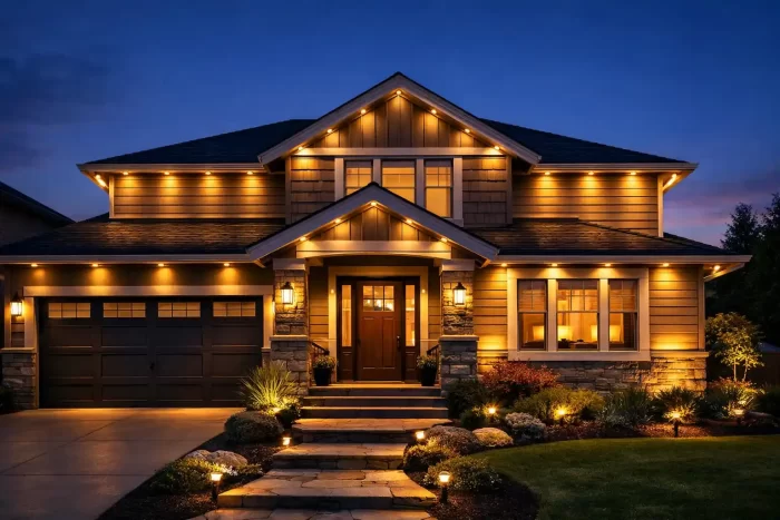 Modern house with professional under eave lighting installation and landscape accents.