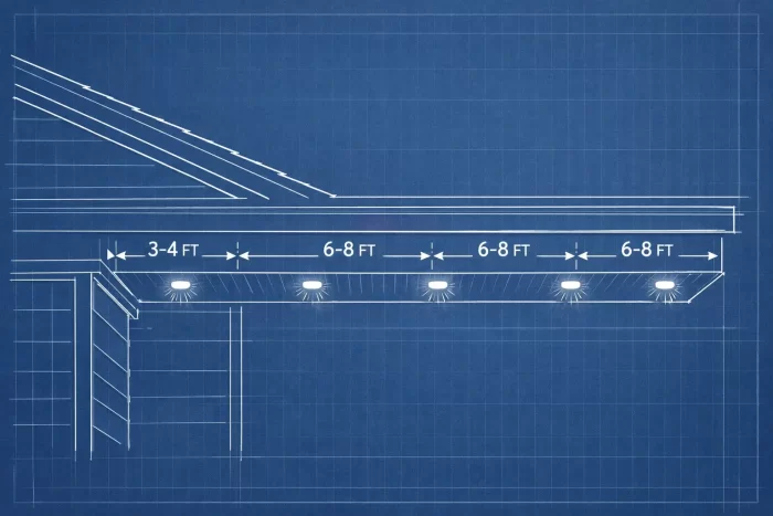 Blueprint diagram showing how to install under eave lighting with the first fixture placed 3 to 4 feet from the corner and the remaining fixtures spaced 6 to 8 feet apart along the soffit.