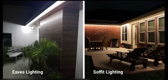 Visual comparison showing the difference between eaves lighting and soffit lighting styles.