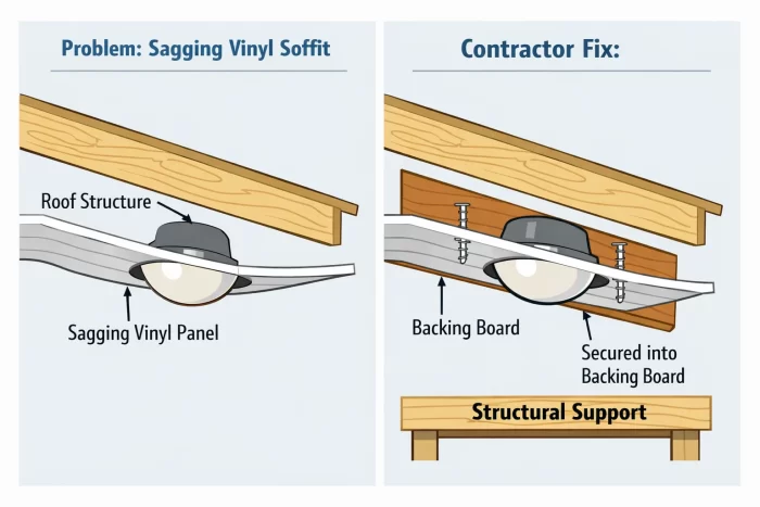 Illustration comparing a sagging vinyl soffit panel with a contractor fix using a backing board to provide structural support for an under eave light fixture.