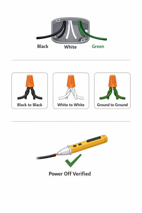 Electrical wiring diagram for installing a hardwired under eave light, showing black to black, white to white, ground to ground, and power off verified before making the connections.