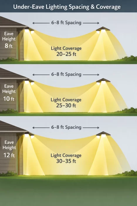 Lighting coverage and spacing diagram based on 8ft, 10ft, and 12ft eave heights.