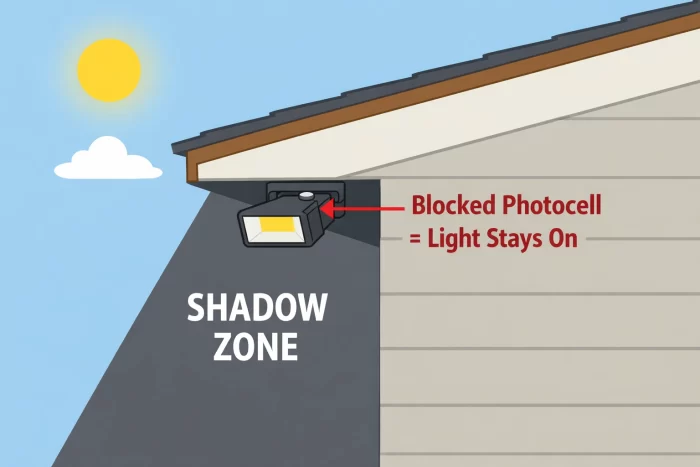 Diagram of an under eave flood light installed in a shadow zone where the soffit blocks the photocell, causing the light to stay on during daylight.