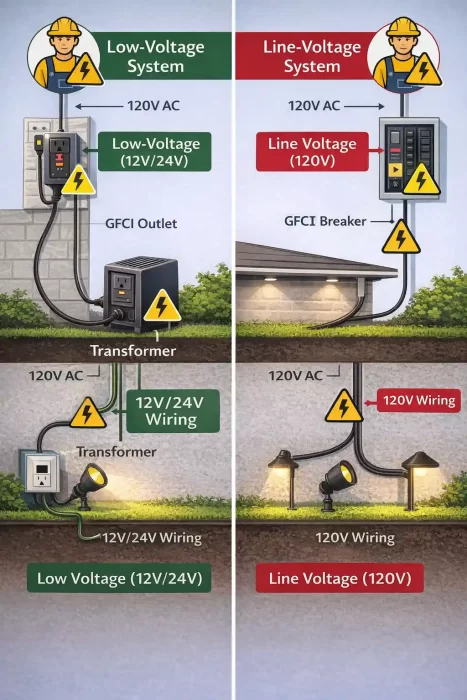 Diagram comparing 12V/24V low-voltage systems and 120V line-voltage systems.