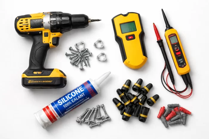 A collection of professional tools including a drill, silicone, and voltage tester for lighting setup.