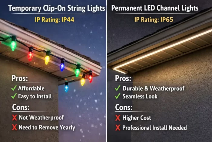 Comparison between temporary IP44 string lights and permanent IP65 LED channel lights.
