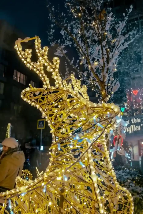close up of a wireframe christmas motif reindeer with warm white lights