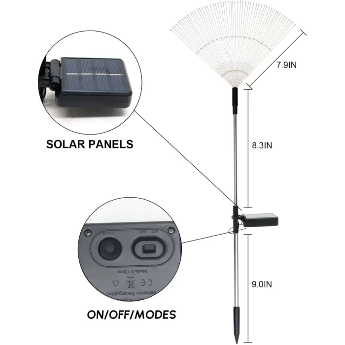 Firework Christmas light specification diagram showing solar panel, mode switch, and product dimensions