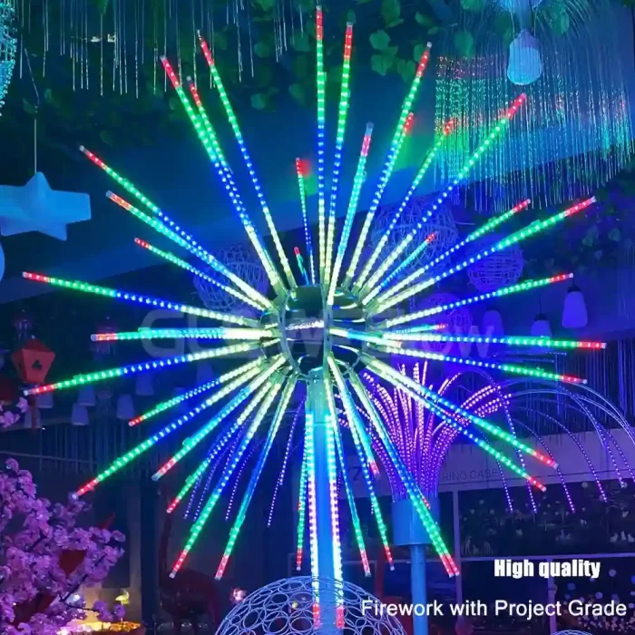 Commercial-grade LED firework light with long illuminated rods for large holiday installations