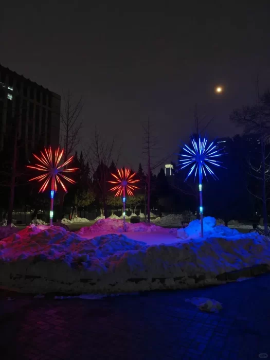 Firework solar lights creating red and blue starburst effects in a winter park landscape