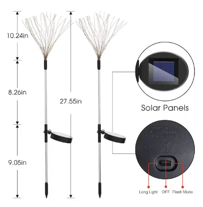 Firework solar lights product diagram showing stake height, solar panel, and lighting mode switch