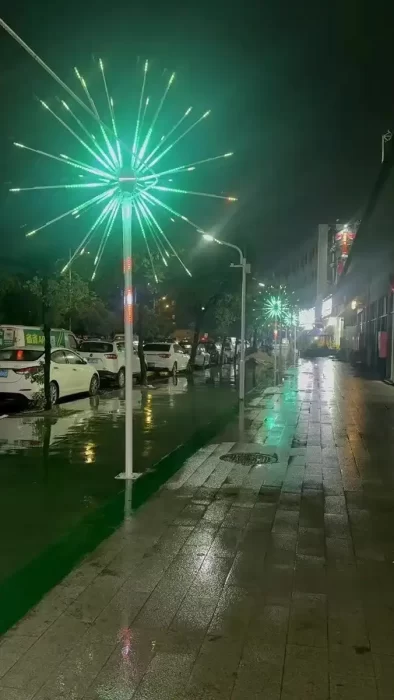 IP65 outdoor firework lights mounted on street poles glowing green on a rainy commercial street