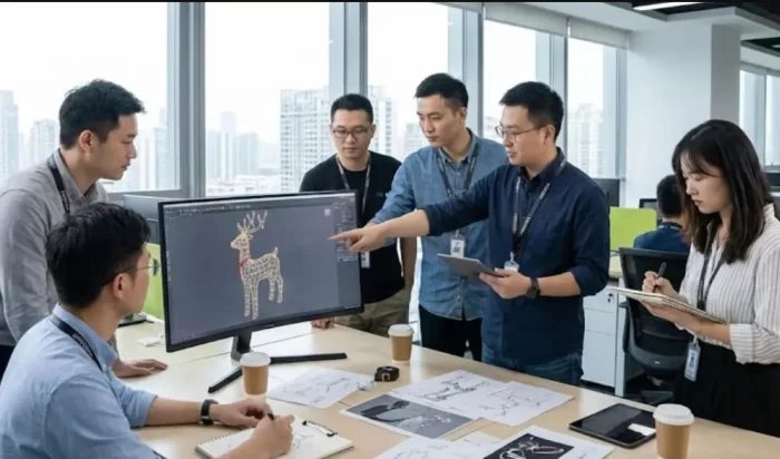 The engineers are discussing the details of a custom-made, deer-shaped lamp for a client.